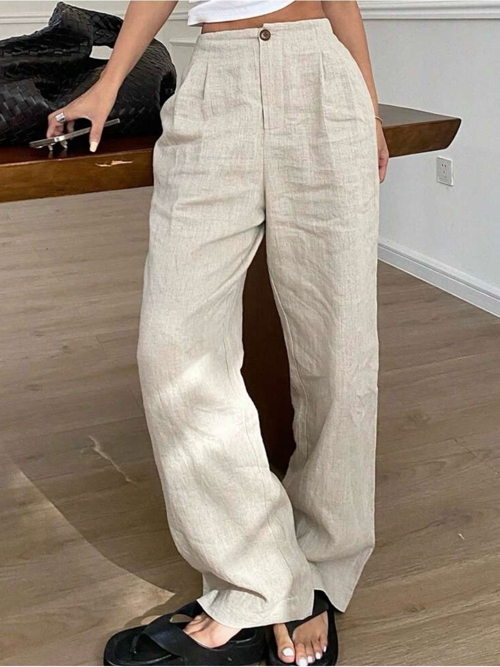 Straight-Leg Mid-Waist Linen Blend Pants - Cream Size M Medium